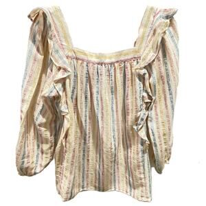 Chaps Small Ruffle Front Blouse Stripe Long Sleeve Square‎ Neck Cotton Blend